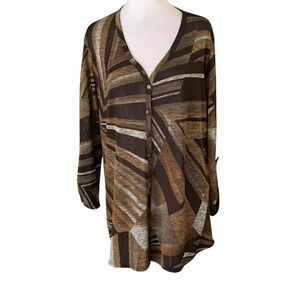 Clara Sun Woo Women’s XL Multicolor Brown & Tan Button Down V Neck Sheer Shirt